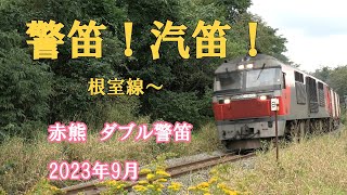 ダブル警笛鳴らして走る貨物列車（2073レ）を牽引する赤熊（JR貨物DF200ー58号機）根室線にて2023年９月　　【4K】