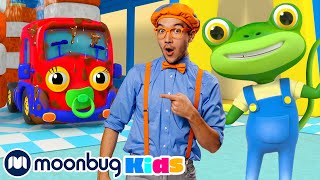 Blippi at Gecko's Garage - Transportation Song | Subtitles | Cartoons for Kids | Moonbug Literacy