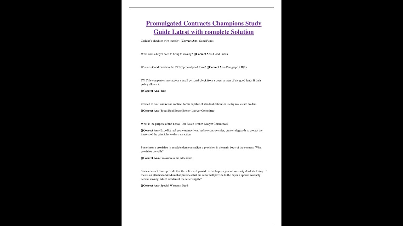 Promulgated Contracts Champions Study Guide Latest With Complete ...