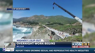 Caltrans crews installing horizontal support drilling on Highway 1 Rocky Creek slip-out