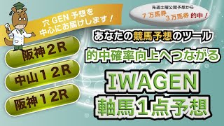 IWAGENの軸馬１点予想！穴GEN予想公開☆【阪神２R・中山１２R・阪神１２R】