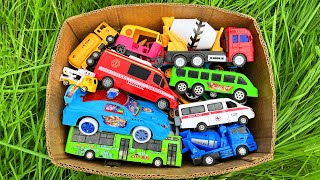 Box of Toy Vehicles! Garbage Truck, Crane Truck, Ambulance, Auto Rickshaw, Fire Rescue Microbus etc
