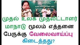 2015 முதல் உலக முதலீட்டாளர் மாநாடு மூலம் எத்தனை பேருக்கு வேலைவாய்ப்பு கிடைத்தது?