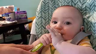 Baby has real food for the first time.