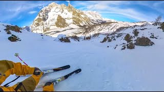 Skiing The Larch Tree Chute at Courmayeur, Italy