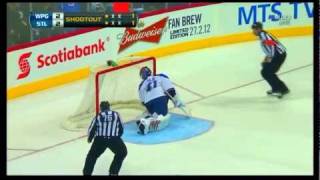 Jaroslav Halak uses the force to rob Andrew Ladd on the shootout Feb 25 2012