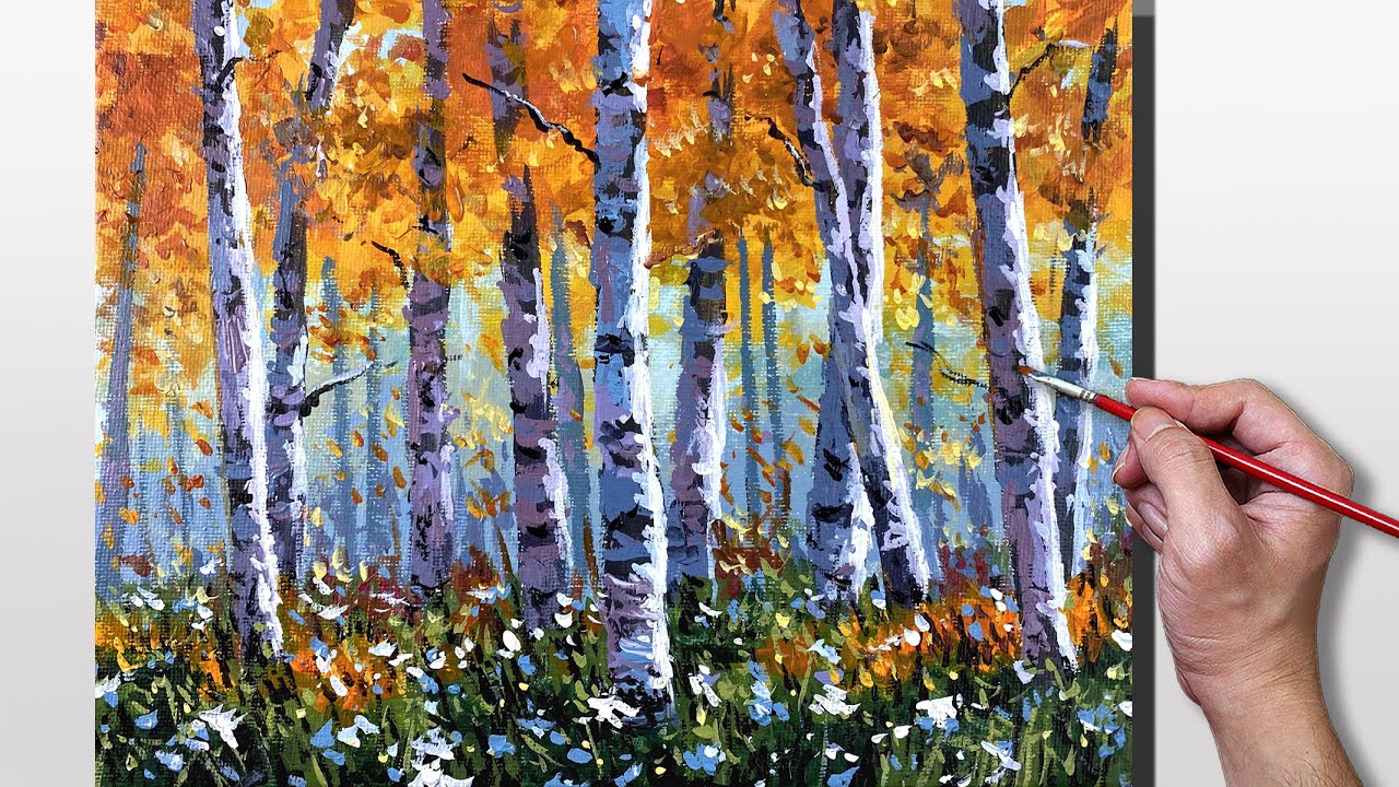 Acrylic Painting Autumn Birch Tree Forest - YouTube