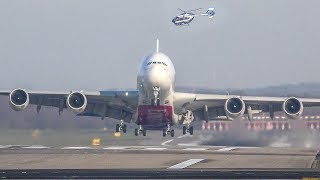 AIRBUS A380 DEPARTURE with a HELICOPTER passing behind + A380 LANDING (4K)