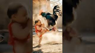 Funny rooster fighting with baby 👶 🐓