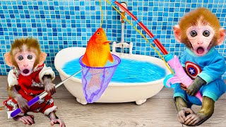 🔴Animals Home Monkey baby Bi Bon fishing in the magic bath and takes care his brother
