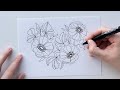 Floral heart illustration from sketch to line art by Angele Kamp