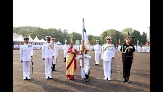 Droupadi Murmu presents President’s Colour to INS Dronacharya in Kochi