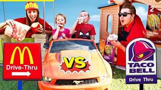 NEW - McDonalds DRIVE THRU vs Taco Bell PRANKS Neighbors Kids Power Wheels Cars DisneyCarToys