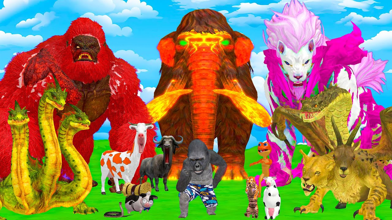 5 Giant Mammoth Elephant Cow Vs 5 Giant Lion Tiger Wolf Attack Buffalo