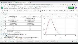 Google Sheets HYPGEOMDIST Hypergeometric Distribution using COMBINA ARRAYFORMULA Data Validation