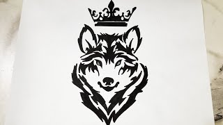How to draw a tribal wolf with crown ||  Wolf head tattoo