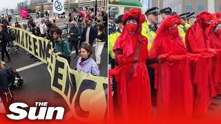 Extinction Rebellion protesters BLOCK London Bridge with Bus as eco-warriors lie in road