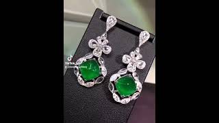 天然祖母綠素面糖塔18K金鑽石耳墜顏色 vivid green，上身效果好，鑽 5.028ct，總重 18.27克，主石6.74/7.47克拉，整體尺寸: 45.5*19.5mm🍃配GUILD國際證書