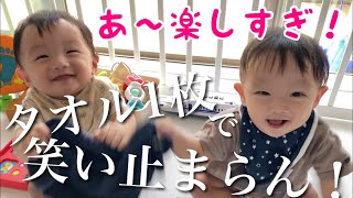 【双子8ヶ月】笑顔でタオル引っ張り合い！2人で遊ぶようになってきた(^^)