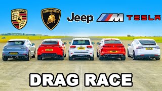 Lambo Urus v Porsche Turbo GT v BMW X6M v Tesla Model X v Jeep Trackhawk: DRAG RACE