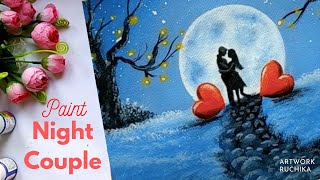 How to Paint Night Couple for Beginners / Easy Night Scenery Painting ❤️