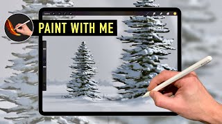 IPAD PAINTING TUTORIAL - Winter Snow Pine Tree art in Procreate