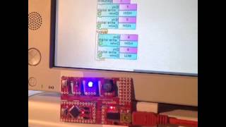 TurtleBlocks on an XO-4 blinks a Sparkfun ProtoSnap Pro Mini!