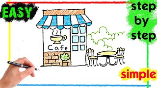 How To Draw Cute Cafe Pencil Crayon Style Easy Coffee Shop