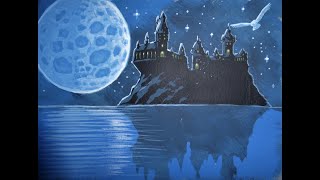 How to paint a Moonlit Hogwarts. Easy steps for children.
