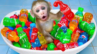 Monkey Nana Eat Watermelon and Giant Jelly with ducklings in the swimming pool - MONKEY NANA