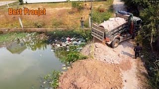 New Project start to unloading soil with Bulldozer \u0026 5T Truck on Flooded land