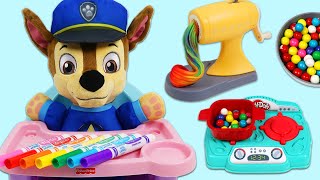 Feeding Paw Patrol Baby Chase Rainbow Play Doh Pasta & Coloring with Finding Dory Crayola Book!