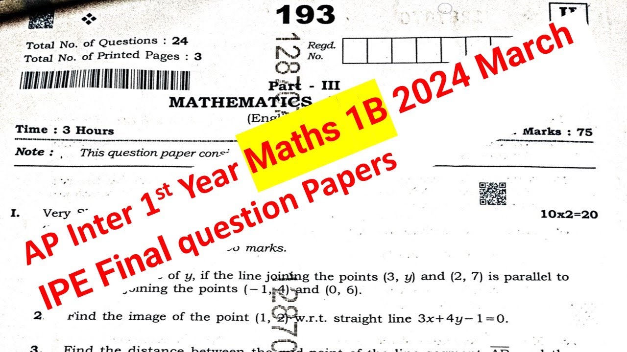 AP Inter 1st Year Maths 1B 2024 March Question Paper Boards IPE Andhra ...