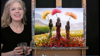 Learn How to Paint FANTASY FLOWER FIELD with Acrylic - Paint and Sip at Home - S