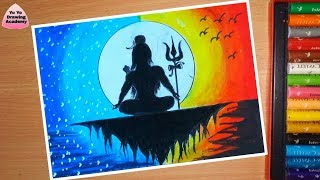 OilPastel Colorful LordShiva Sunset and Moonlight Scenery Drawing | lord shiva painting step by step