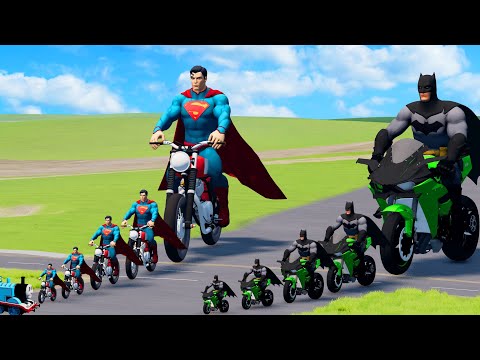 Big & Small: Batman on a Motorcycle vs Superman on a Motorcycle vs Thomas the Train BeamNG.drive