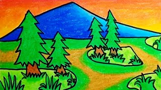 How To Draw Scenery With Oil Pastels |Drawing Easy Scenery