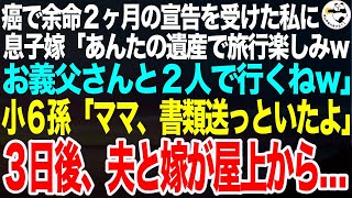 癌で余命２ヶ月の宣告を受けた私に息子嫁「あんたの遺産でお義父さんと水入らずで旅行するからｗ」小６孫「ばあば！速達が届いたよ」私「計画通りね」３日後、夫が嫁と屋上から…【スカッとする話】