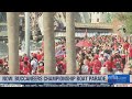 Crowd on the Riverwalk during Bucs boat parade