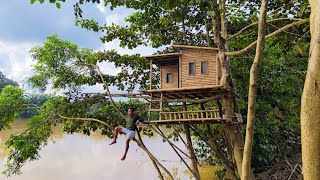 Camping hujan deras || Membangun rumah pohon bertingkat dari bambu di pinggir sungai