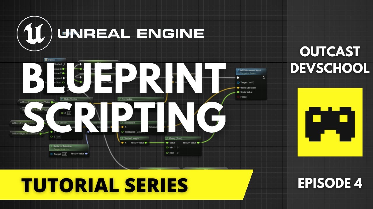 Unreal script. Movement input. Blueprint UI. Visual Scripting Concept.