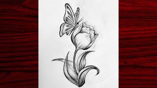 Tulip drawing with butterfly step by step with pencil|flower drawing