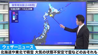 北海道や東北で積雪 大気の状態不安定で雷などのおそれも