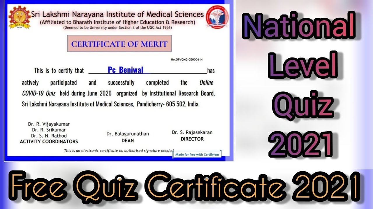 Free Quiz Certificate 2021 | Free Online E Quiz Certificate, Free ...