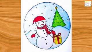 Christmas Scenery Drawing||Circle Scenery Drawing||Easy Drawing ideas for Beginners