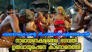 ഗുരുവായൂരപ്പന്റെ ദീപാരാധന കഴിഞ്ഞപ്പോൾ നാരായണം കുളങ്ങര ഭഗവതി ഗുരുവായൂരപ്പനെ കാണാനെത്തി