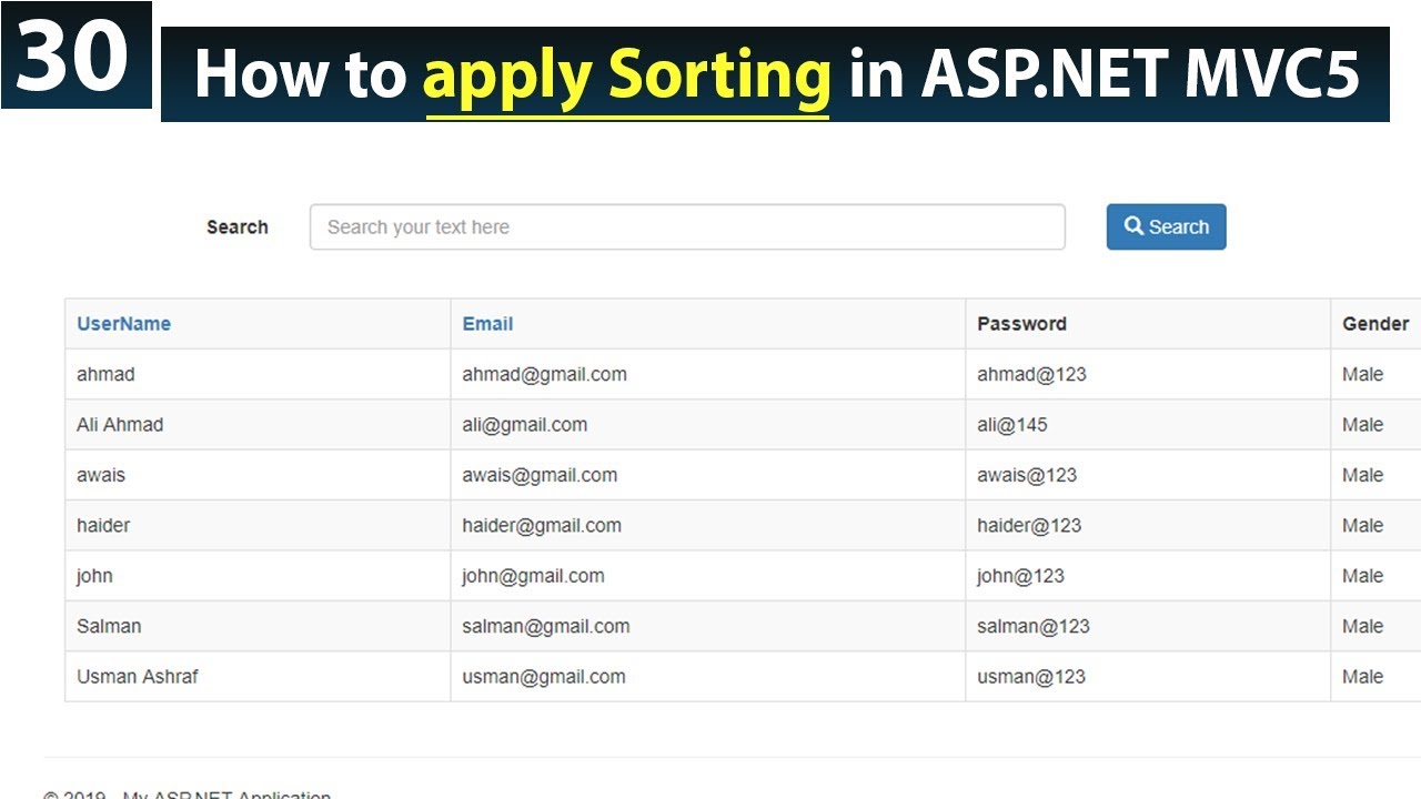 How To Add Sorting Functionality In Asp Net Mvc 5 Asp Net Mvc 5