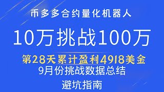 币多多10万挑战100万第28天累计盈利4918油I9月份挑战总结，踩过的坑希望你规避，提高收益翻倍的秘密，想赚美金的伙伴一定要看