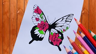 how to draw Butterfly with flower drawing|butterfly easy drawing|color pencil drawing
