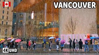 🇨🇦 【4K】⛈️⛈️⛈️ Heavy Rain in Downtown Vancouver BC, Canada. Relaxing Walk. December 2024.